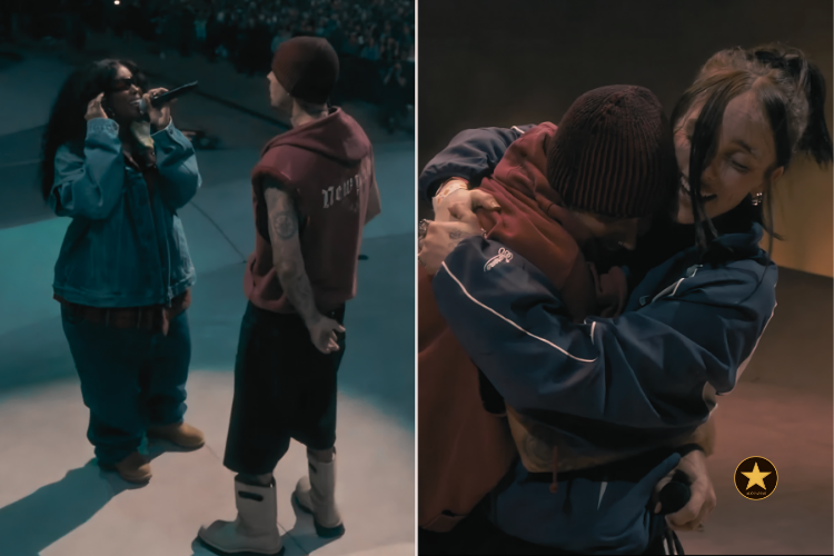 Justin Bieber sob luzes douradas no palco do Coachella, capturado de um ângulo baixo para transmitir poder